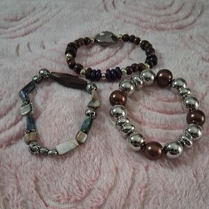 Elegant Silver and Brown Beaded Bracelet Set